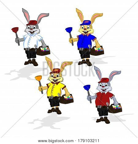 Easter cheerful rabbit plumber. Vector illustration of a rabbit in a shirt and shorts that in one hand holds a plunger and in the second hand he holds a suitcase for tool with Easter eggs.