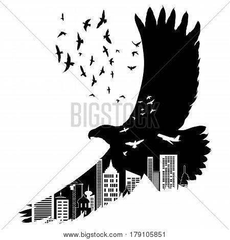 Vector silhouette flying eagle with double exposure effect. Urban city as background.