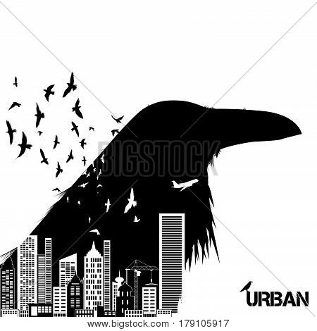 Isolated raven head silhouettes with double exposure effect. Urban city as background.