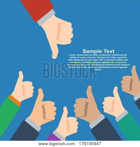 Businessmans hands hold thumbs up vs one hold thumbs down. Vector illustration in flat design on blue background. Financials, work motivation.