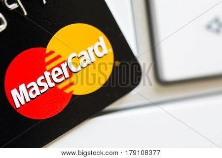 Benon, France - Feb 08, 2017: Mastercard Credit Card On Keyboard, Close Up Photo