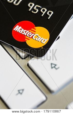 Benon, France - Feb 08, 2017: Mastercard Credit Card On Keyboard, Close Up Photo