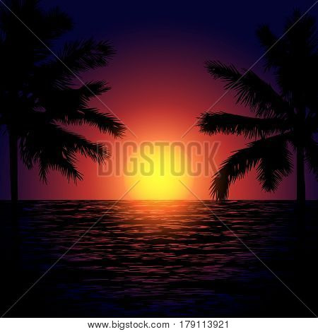 Tropic beach with palms and sunsset in sea. Exotic night for poster, textile print.