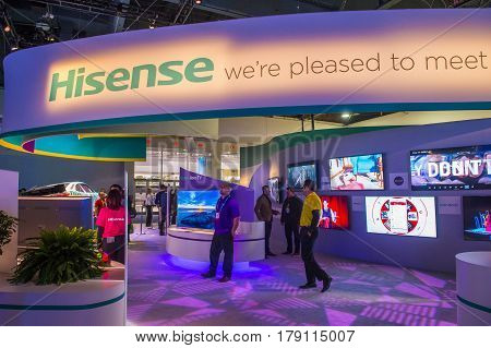 LAS VEGAS - JAN 08 : The Hisense booth at the CES show in Las Vegas on January 08 2017 CES is the world's leading consumer-electronics show.