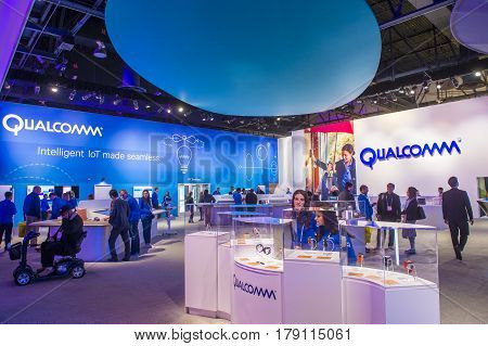 LAS VEGAS - JAN 08 : The Qualcomm booth at the CES show held in Las Vegas on January 08 2017 CES is the world's leading consumer-electronics show.