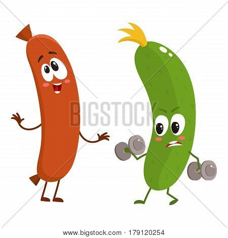 Funny food characters, zuccini versus sausage, healthy lifestyle concept, cartoon vector illustration isolated on white background. Zuccini doing fitness and laughing sausage characters, mascots