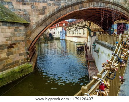 PRAGUE, CZECH REPUBLIC - MARCH 8 2017: Kampa Island also known as Venice of Prague next to Charles Bridge, Czech Republic