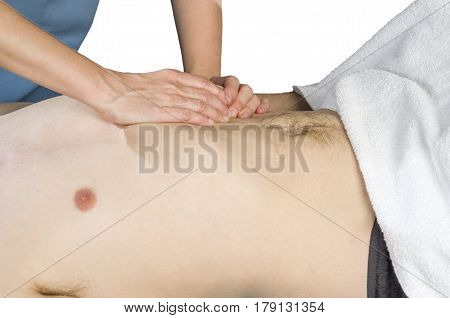 Physiotherapist Is Doing An Activation Of The Diaphragm. Massage To A Man Patient..