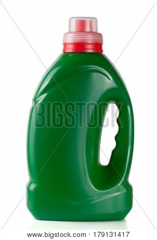 green plastic bottle isolated on white background for liquid laundry detergent or cleaning agent or bleach or fabric softener.