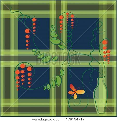 Orange butterfly. Vase and branches with catkins. Stylized images of butterflies and decorative branches of the plant. Design for textiles, ceramics, environmental background of the poster.