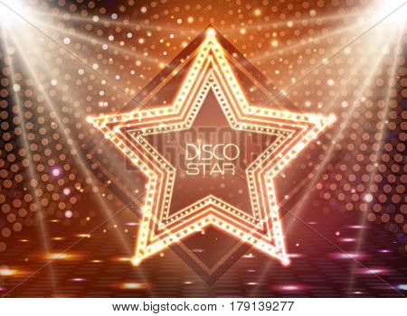 Neon sign disco star on night disco background