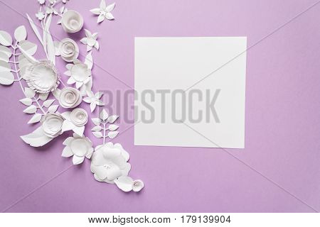 Square Frame With White Paper Flowers On Violet Background. Cut From Paper.