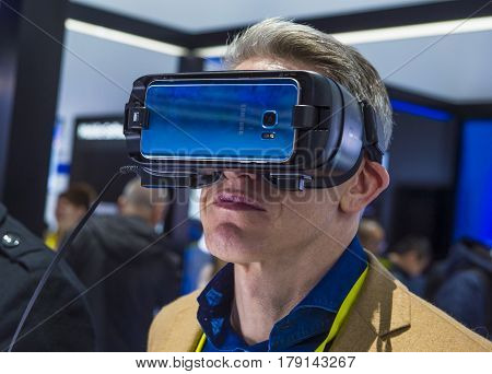 LAS VEGAS - JAN 08 : Virtual reality demonstration at The Samsung booth at the CES show in Las Vegas on January 08 2017 CES is the world's leading consumer-electronics show.