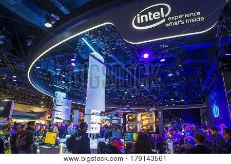 LAS VEGAS - JAN 08 : The Intel booth at the CES show in Las Vegas on January 08 2017 CES is the world's leading consumer-electronics show.