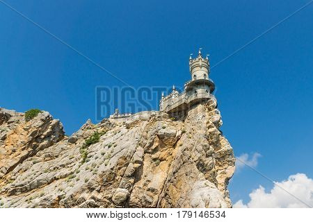 The view from the surface of the sea on a 40-meter Avrorinoj the rock of Cape AI-Todor with the architectural monument 