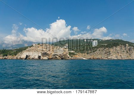 The village of Gaspra at the Black sea with the symbol of Crimea - swallow's nest castle on AI-Todor Cape. Crimea Russia