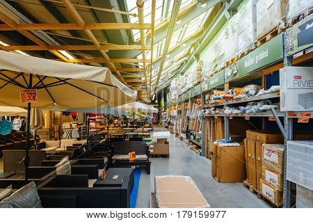 BUCHAREST ROMANIA - APR 1 2016: Bic shelf of DIY store retail point selling ready-to-assemble garden and outdoor furniture with 20% discount