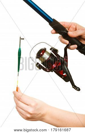 Woman Holding Fishing Rod With Float