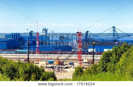 Work of new sea trading port of the Ust-Luga. Russia. The coal terminal