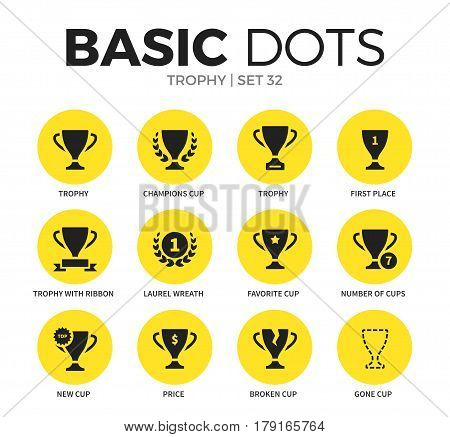 Trophy flat icons set with champions cup, price, first place and trophy isolated vector illustration on white