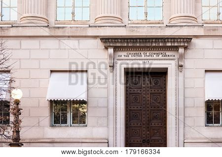 Washington DC, USA - March 4, 2017: United States Chamber of Commerce building with sign and entrance
