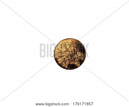 little gold meda with a lion face