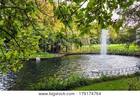 Fountain In Green Queen Astrid Park In Brugge, Belgium