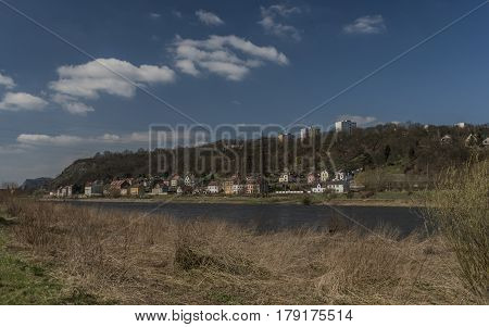 River Labe In Svadov Village In Sunny Spring Day