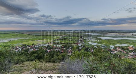 View From Phnom Krom Tepmple On Village And Green Field