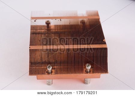 Used Copper Heat Sink For Cooling The Microprocessor Of The Computer Board. Radiator Plates In Large