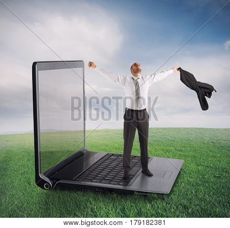 Businessman free from dependence on computers and the web. Technology addiction concept