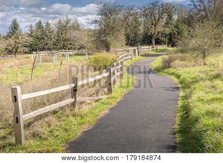 Public park trail and fence in Portland Oregon.