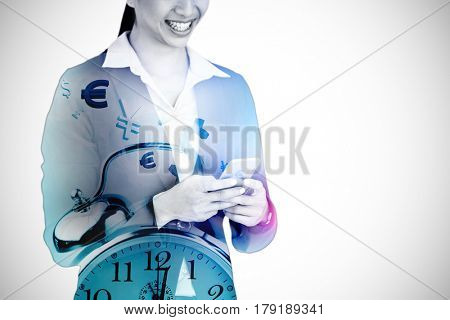 Smiling businesswoman holding mobile phone against grey background 3d