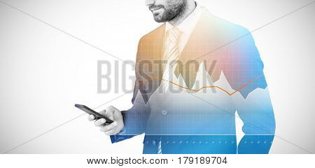 Businessman text messaging on mobile phone against business interface with graphs and data 3d