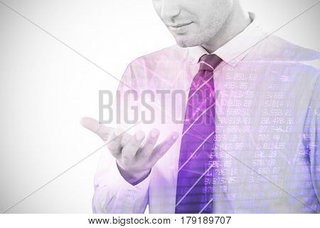 Businessman using futuristic mobile phone against compass pointing to success 3d