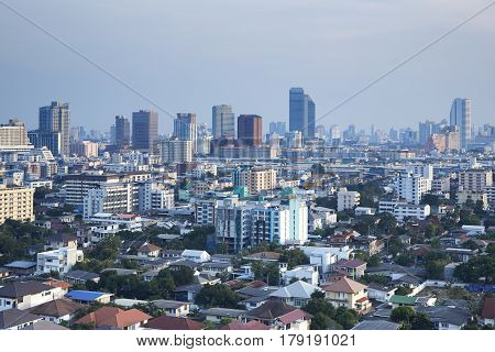 The high angle of houses and buildings with the haze of land transport in Thailand is growing. Bangkok Thailand