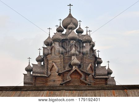Wooden Church of the Intercession in the style of Russian wooden architecture in the Nevsky Forest Park near St. Petersburg Russia.