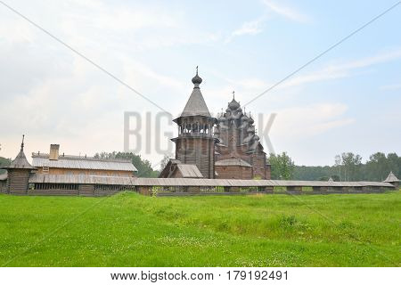 The complex Manor Bogoslovka in the style of Russian wooden architecture in the Nevsky Forest Park near St. Petersburg Russia.