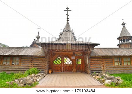 The complex Manor Bogoslovka in the style of Russian wooden architecture in the Nevsky Forest Park near St. Petersburg Russia.