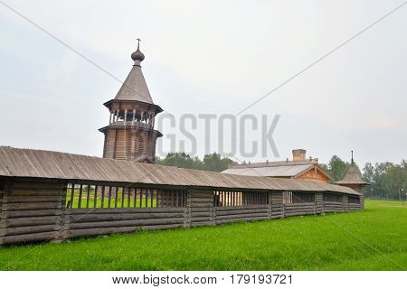 The complex Manor Bogoslovka in the style of Russian wooden architecture in the Nevsky Forest Park near St. Petersburg Russia.