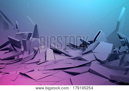 Abstract 3d rendering of cracked surface. Background with broken shape. Wall destruction. Bursting with debris. Modern cgi illustration. Design for poster, banner, placard, cover, print.