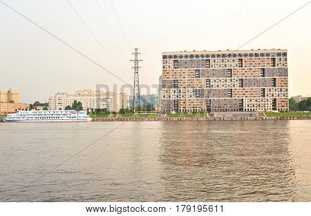 Embankment Obukhov Defense at cloud spring day outskirts of St.Petersburg Russia.