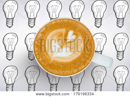 Digital composite of Coffee cup against white background with lightbulbs