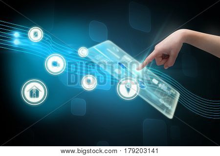 Cropped hand pointing against futuristic screen with quaders 3d