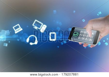 Cropped hand holding phone against futuristic screen with quaders 3d
