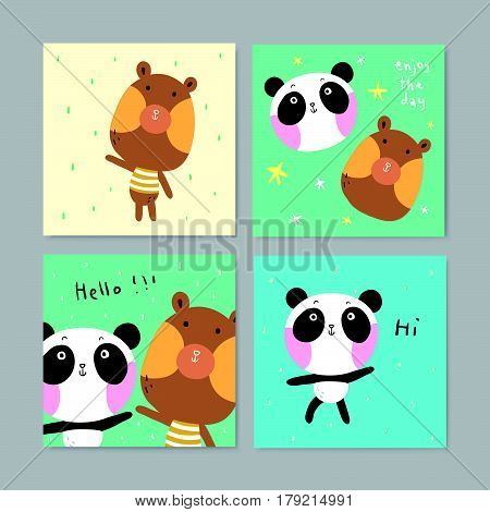 Adorable Greeting Cards With Lovely Bear And Panda