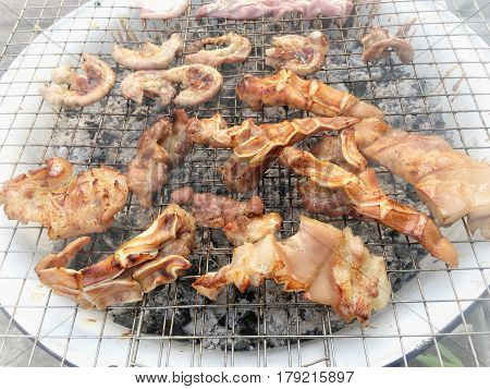 Pork, Chitterlings, Pork Tongue Barbecue Thailand Street Food Recommend.