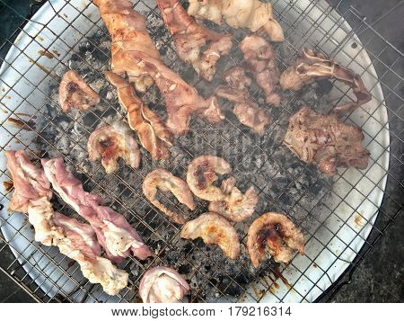 Pork, Chitterlings, Pork Tongue Barbecue Thailand Street Food Recommend.