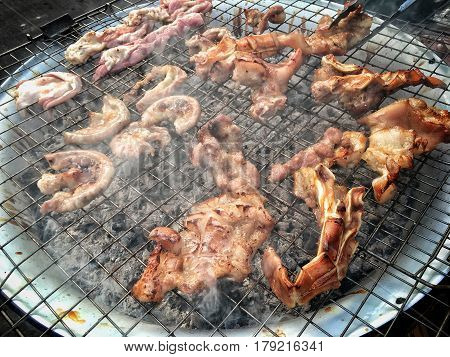 Pork, Chitterlings, Pork Tongue Barbecue Thailand Street Food Recommend.