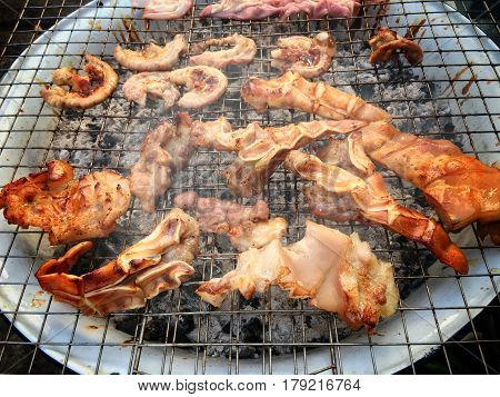Pork, Chitterlings, Pork Tongue Barbecue Thailand Street Food Recommend.